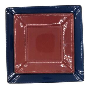 2 Pottery Barn Asian Square Blue 10.5 Red 8.25 Plate Tan Edge Dishes Japan